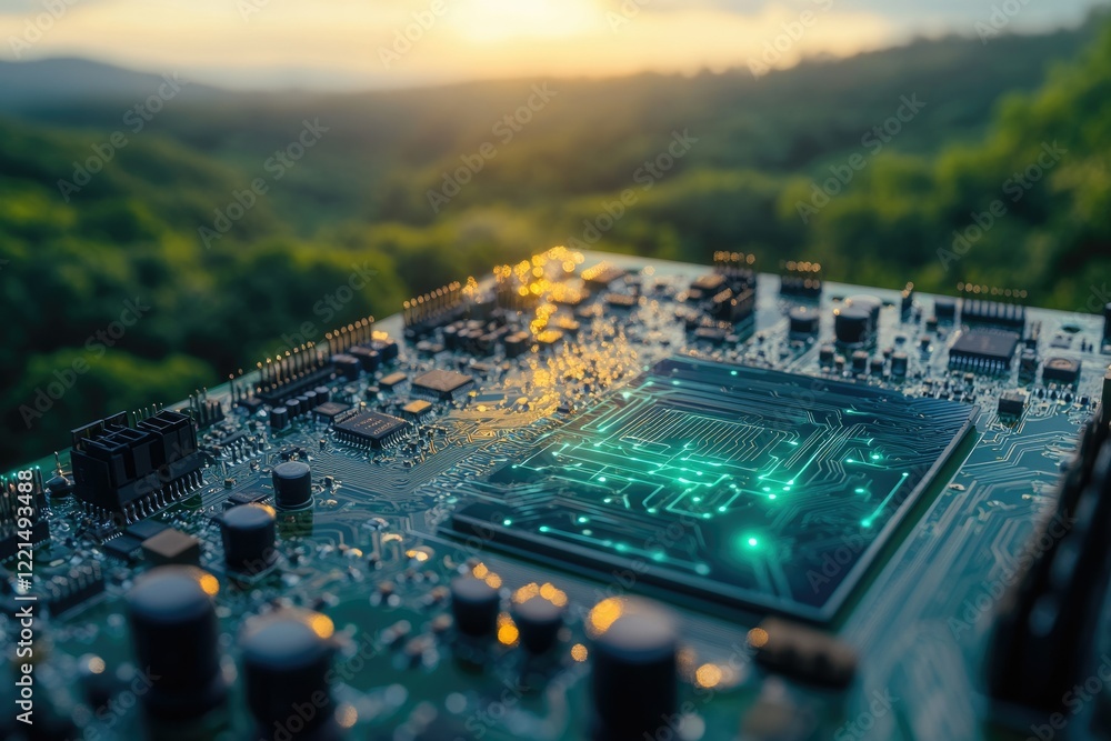 Poster circuit board with glowing green pathways in a tranquil natural setting, symbolizing technology's in