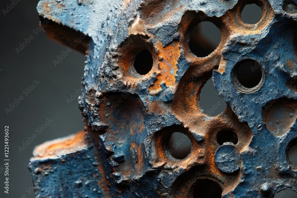 Poster close-up of a rusted metallic object with holes, showing texture and decay.