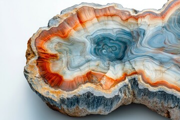 A stunning agate geode slice reveals intricate concentric bands of orange, blue, and white, showcasing the beauty of natural formations.