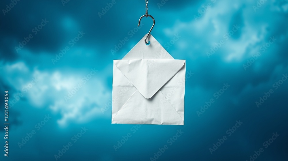 Poster paper mail letter with metal hook on blue pastel background, concept. phishing and hacker attack via