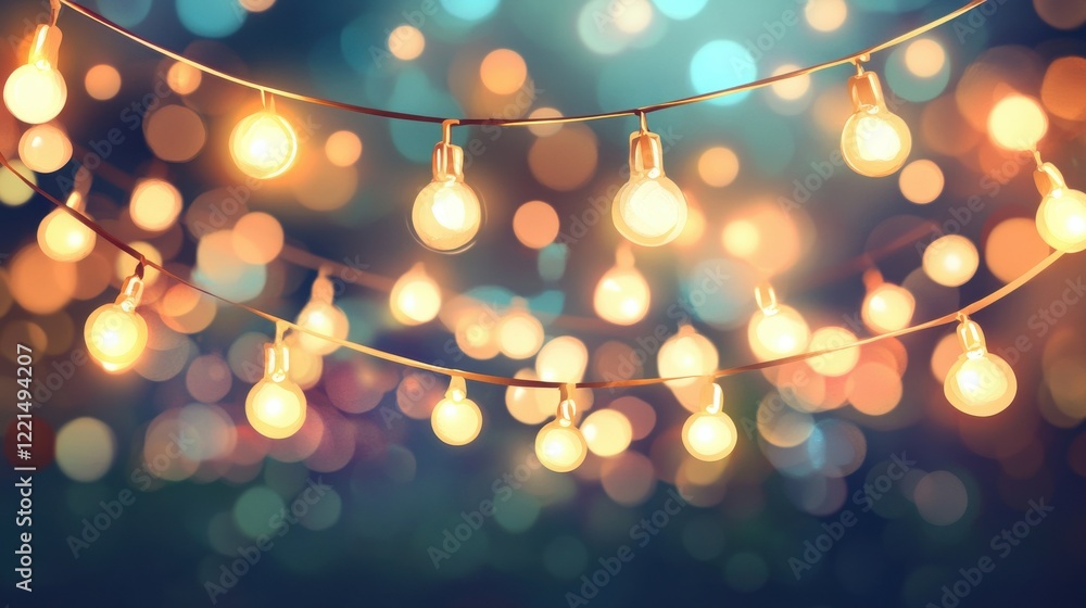 Poster warm glowing string lights creating a dreamlike bokeh effect outdoors