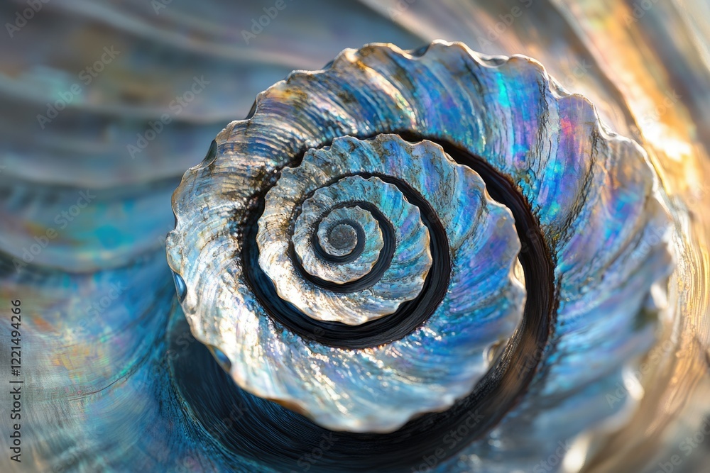 Poster a mesmerizing close-up of an iridescent seashell, showcasing its intricate spiral pattern and vibran