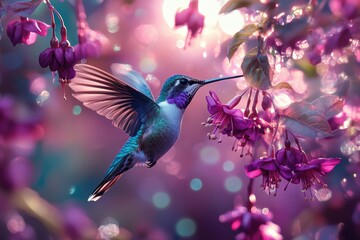 Obraz premium Vibrant hummingbird in flight, feeding on fuchsia flowers, bathed in soft, magical light.
