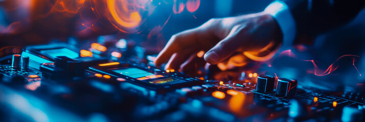 Obraz premium A hand mixes music on a vibrant illuminated console at a nighttime event
