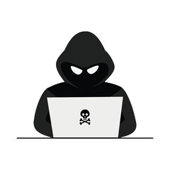Hacker logo or hacker in black hoodie cyber crime with laptop. vector illustration