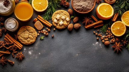 Holiday Baking Ingredients: Cookies, Spices, and Citrus on Dark Surface