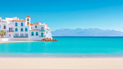 Obraz premium Mediterranean Coastal Town with Turquoise Waters and Mountain Views: A Picturesque Scene