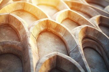 Intricate stone carving with repeating arched patterns, bathed in warm sunlight.