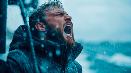 Man Shouting in Snowstorm: A Dramatic Close-Up