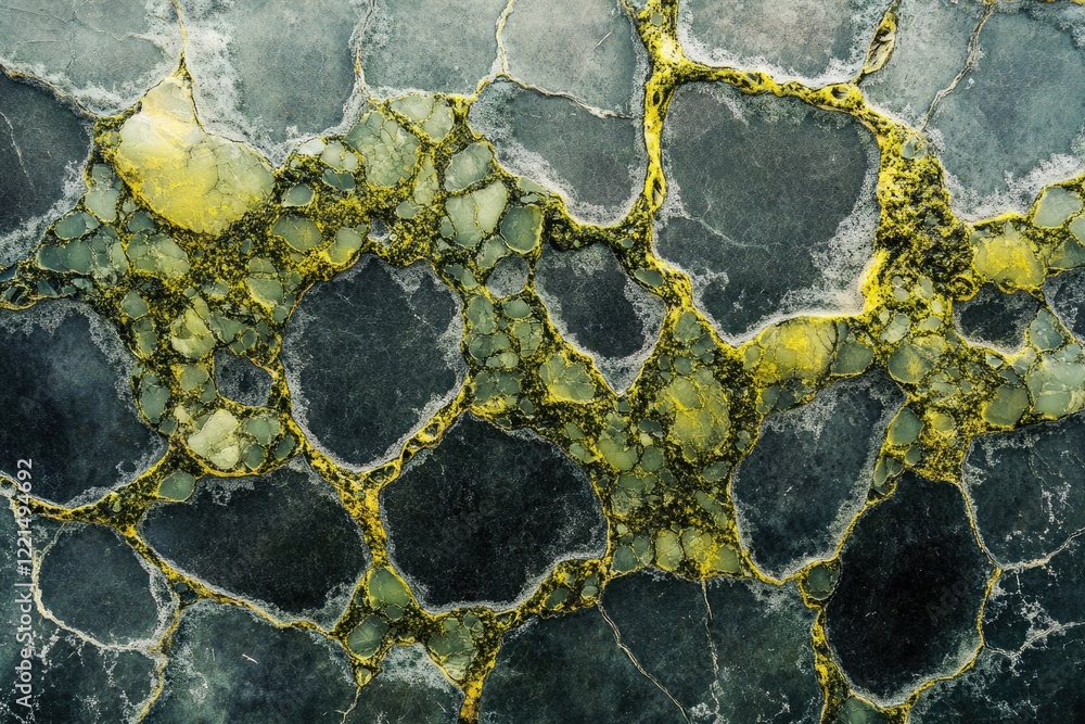 Poster abstract image of dark gray stone with yellow-green veins and cracks, creating a unique texture and 