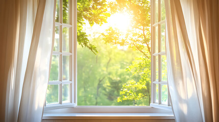 An open window with curtains swaying gently, inviting in sunlight and fresh air, symbolizing renewal