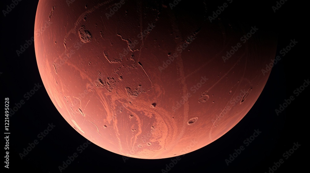 Poster mars, the red planet with detailed surface features and craters in deep space. blue earth planet in 