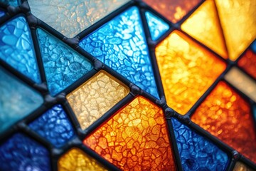 Close-up of vibrant stained glass, showcasing intricate details and rich colors of blue, orange, and gold.