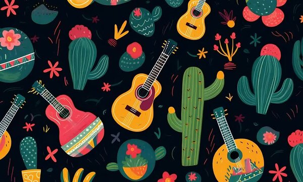 pattern Cinco de Mayo, watercolor drawing, guitar, cactus with flowers, black background