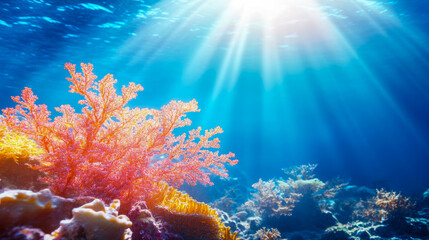 Fototapeta premium Submarine Coral Reef Scene: Sunbeams Illuminate Vibrant Sea Life