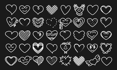 Forty different decorative hearts. Cute hand-drawn doodles and squiggles. Vector set