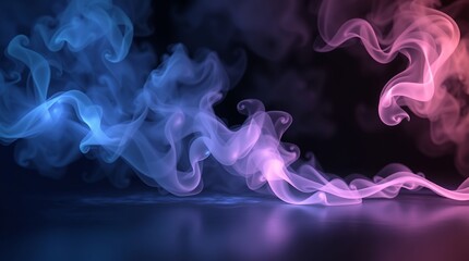 Obraz premium Mystical mist. Swirling smoke in dark and light symphony. Fluid fantasia. Abstract dance of fog and light on floor with black background 
