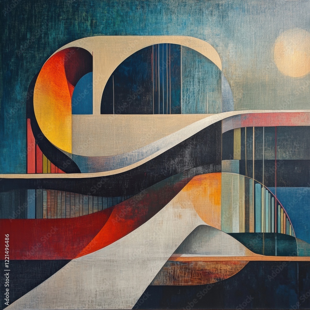 Poster abstract geometric artwork depicting vibrant structures and flowing lines in a serene composition. g