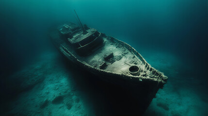 Naklejka premium Wreck ship, ship wreck underwater. Sun beam rusty ghost wreck ship. Shipwreck in the sea, adrift at sea. Martime accident, old ship wreck, sunk ship. Wreck of the ship, underwater ship wreck