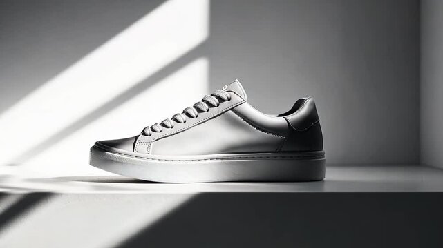 White sneaker set against a minimalist backdrop, with soft shadows and bright light, showcasing trendy footwear design