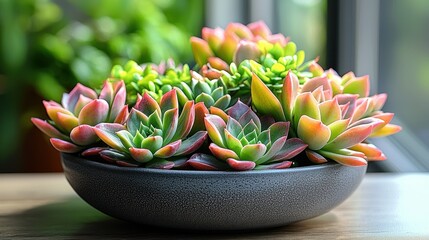 Vibrant Succulents in a Gray Bowl: A Close-Up of Colorful Echeveria