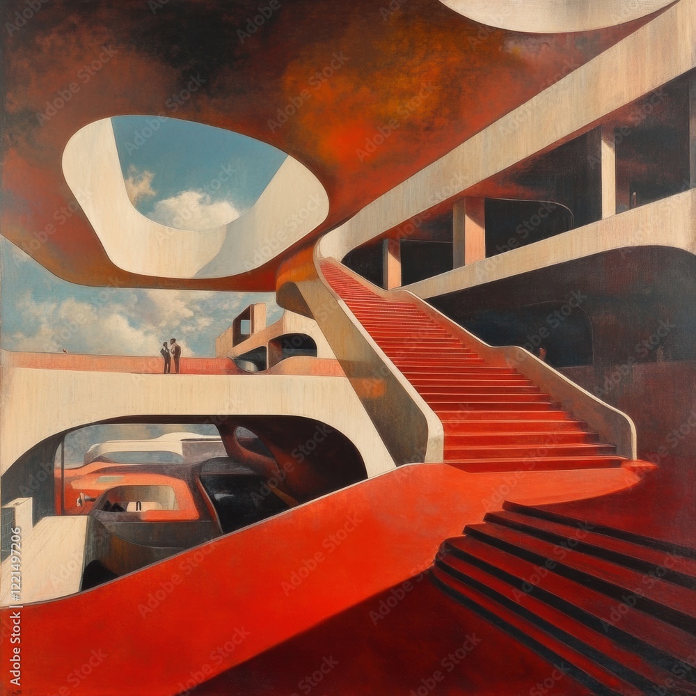 Poster innovative architectural design showcasing a striking red staircase and open spaces under a bright s