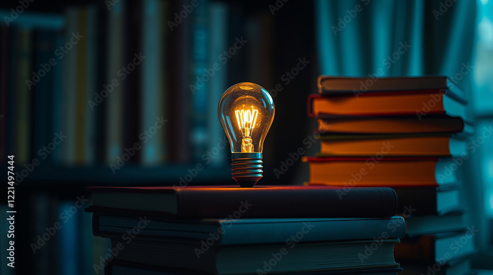 Aufkleber a light bulb on stack of books in vibrant background. ai powered personalized learning tailored book