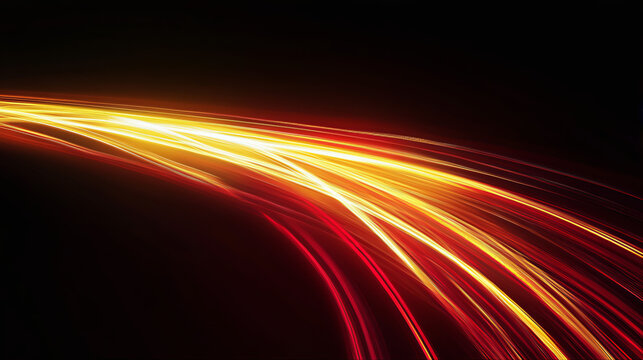 Luminous fast lines blur street motion, light trail curves flare. Abstract wavy yellow lights. Race track traffic light curves. Car streaks transition stress curves. 