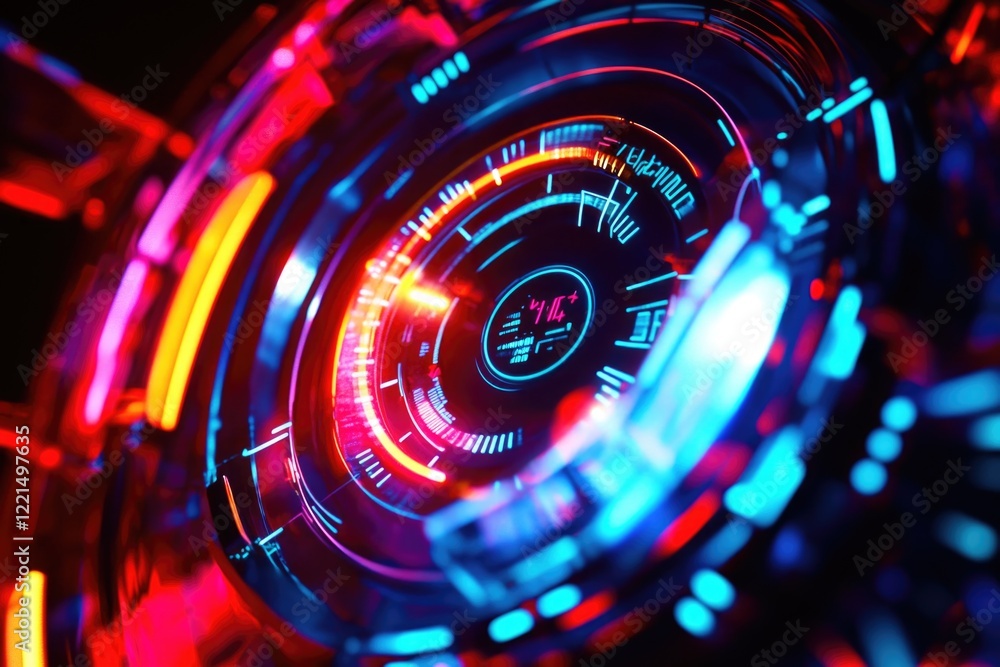 Poster a close-up shot of a clock with neon lights, suitable for use in time-related or futuristic concepts