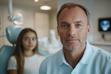 Fototapeta premium A middle-aged man looks directly at the camera in a dental office with a young girl in the background.
