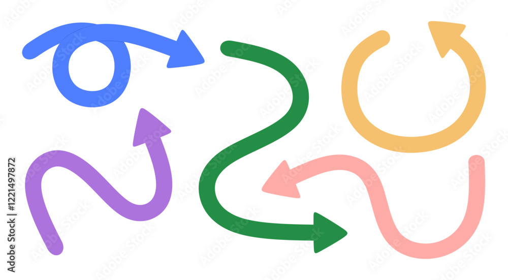 Poster set of curved arrows. hand drawn pointer elements twisted shape, turning, pointing at direction, shu