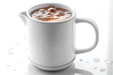 A white coffee pot filled with liquid on a table, ready to serve