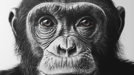 A close-up photo of a chimpanzee highlights its expressive eyes, detailed facial features, and textured fur, capturing its intelligence and emotional depth.
