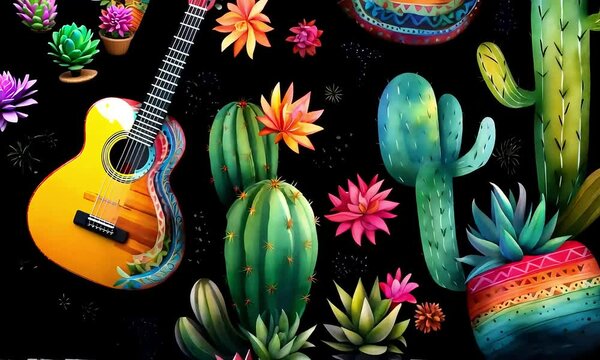 pattern Cinco de Mayo, watercolor drawing, guitar, cactus with flowers, black background
