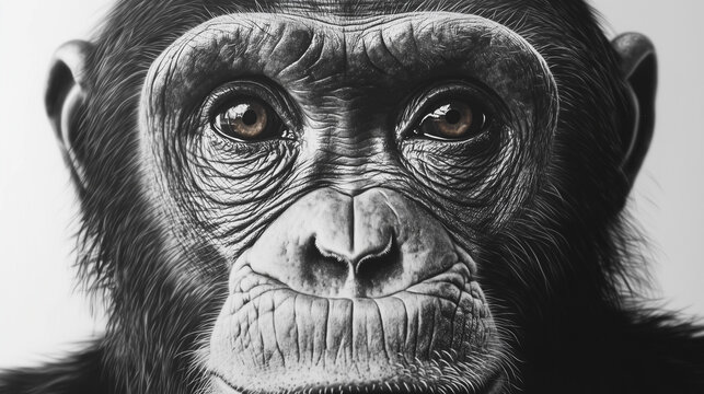 A close-up photo of a chimpanzee highlights its expressive eyes, detailed facial features, and textured fur, capturing its intelligence and emotional depth.