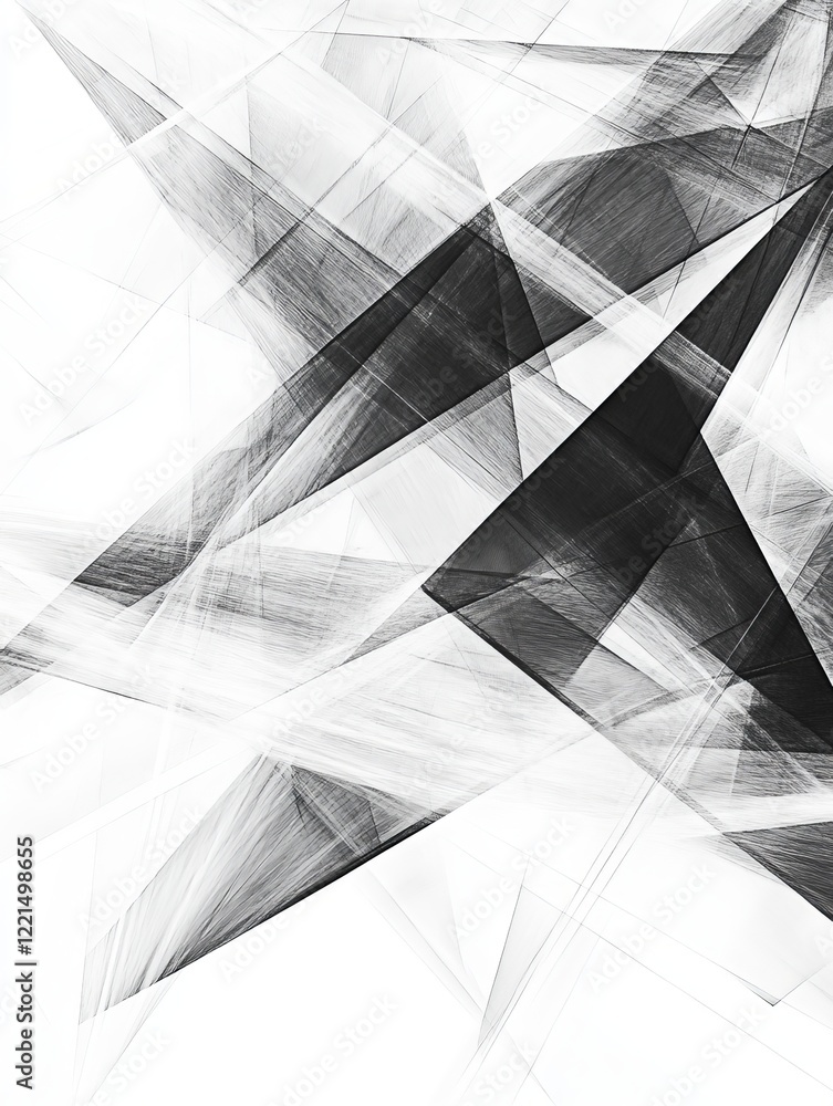 Poster this image features an abstract composition of monochrome geometric shapes and lines, forming intric
