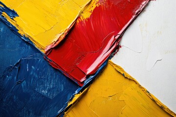 Abstract art showcasing vibrant red, yellow, and blue oil paint strokes on a white canvas.