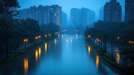 Fototapeta premium Serene Cityscape: Nightfall Reflection on a Misty Canal