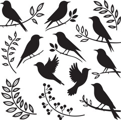 Collection of Bird Silhouettes in Various Poses with Branches and Leaves – Elegant Minimalist Design