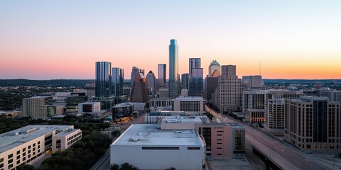 A city skyline at sunset with a large building in the middle. The sky is a mix of orange and pink hues