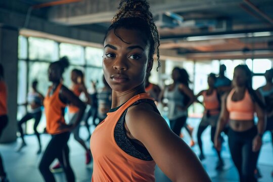 Young African American Woman Leads High-Energy Gym Class on Campus