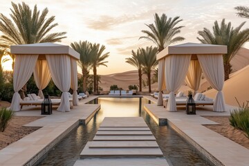 Fototapeta premium Luxury cabanas and sand dunes at a serene desert resort