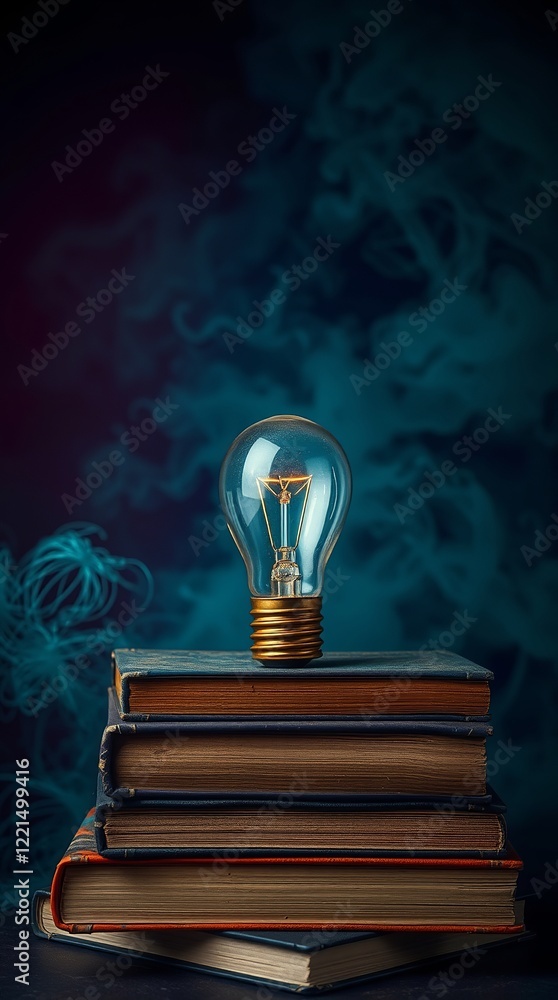 Poster a light bulb on stack of books in vibrant background. ai powered personalized learning tailored book