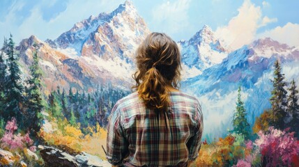 Female admiring mountain landscape painting with colorful trees and snowy peaks