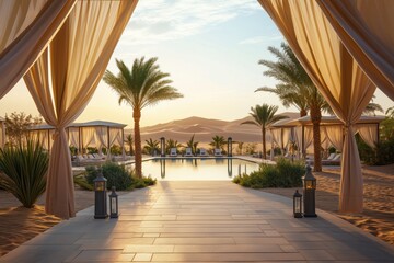 Fototapeta premium Desert retreat with cabanas and tranquil shimmering oasis