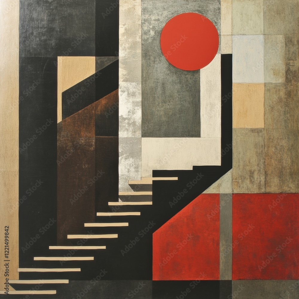 Poster abstract artwork featuring geometric shapes and a red circle positioned atop stairs in a modern styl