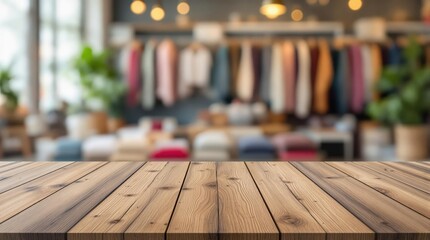 Wooden table top for product display on the blurred clothes shop background