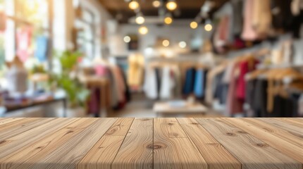 Wooden table top for product display on the blurred clothes shop background