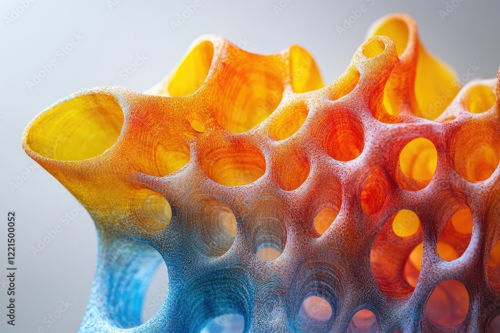 Poster abstract 3d-rendered image showcasing a vibrant, porous structure with a gradient of orange and blue