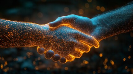 Futuristic digital handshake visualization representing technological business partnership and innovation concept